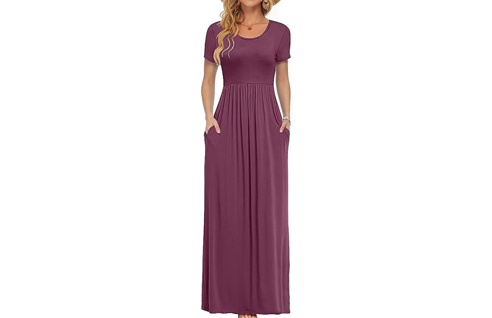 AUSELILY Women Short Sleeve Loose Plain Casual Long Maxi Dresses