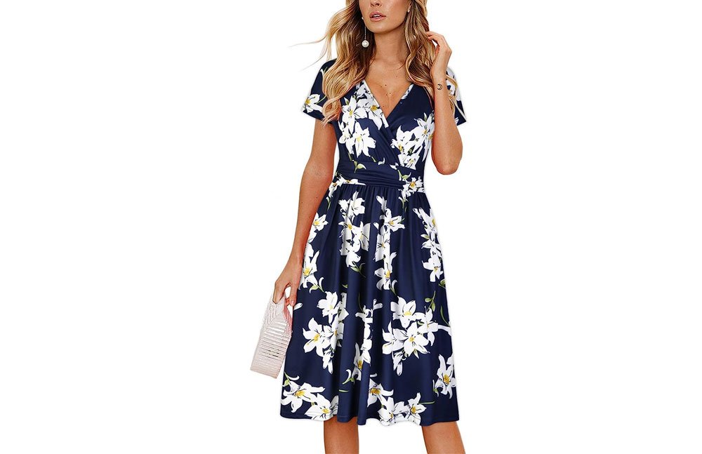 OUGES V-Neck Pattern Knee Length Dress with Pockets